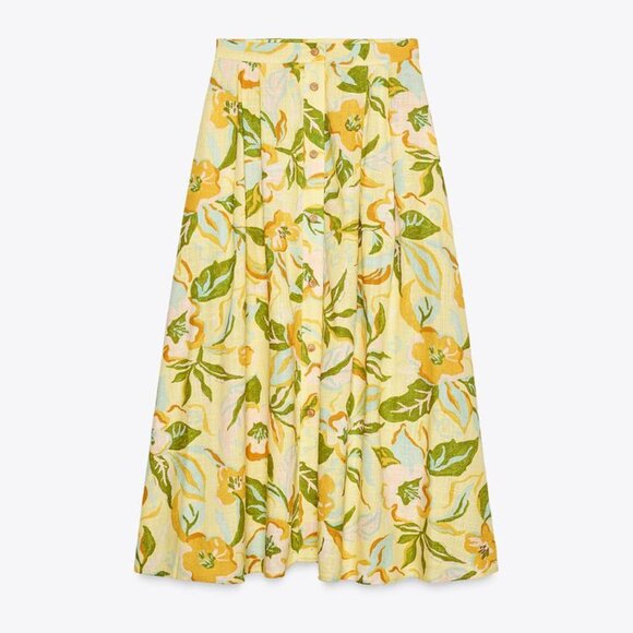 ZARA Button Front Long Linen Floral Skirt - Picture 1 of 7